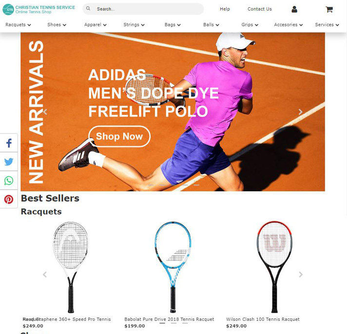 Homepage of Christian Tennis Service e-commerce website featuring tennis gear, responsive layout, and streamlined shopping experience.
