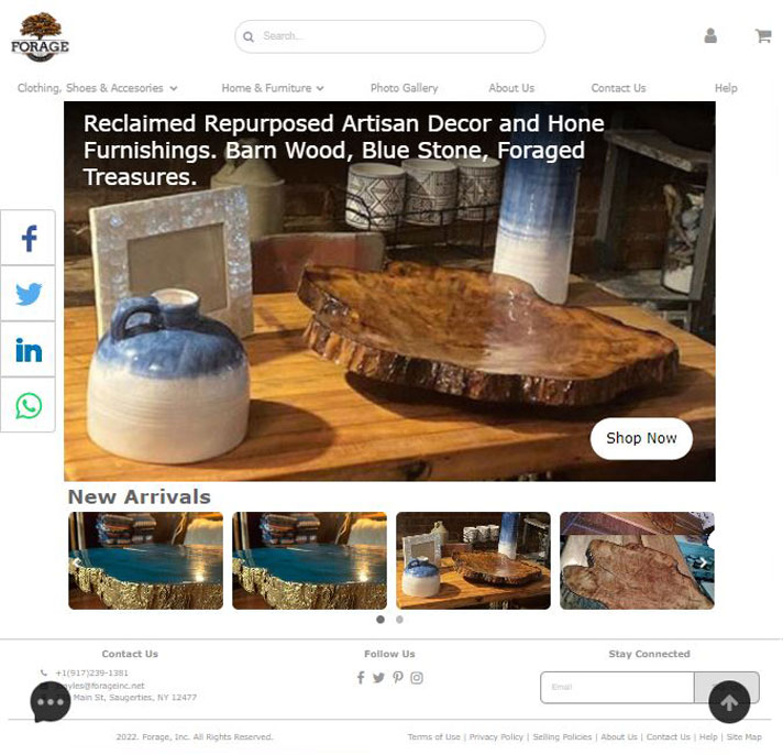 Homepage of Forage Inc. e-commerce website featuring curated art products, responsive layout, and custom design elements.
