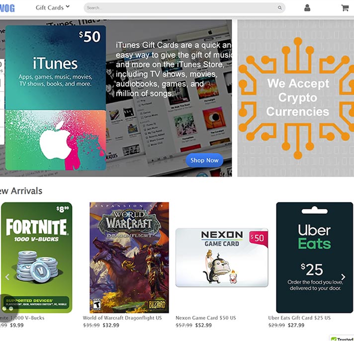 Homepage of World of Gift Card e-commerce website featuring gift card categories, responsive layout, and streamlined purchase flow.
