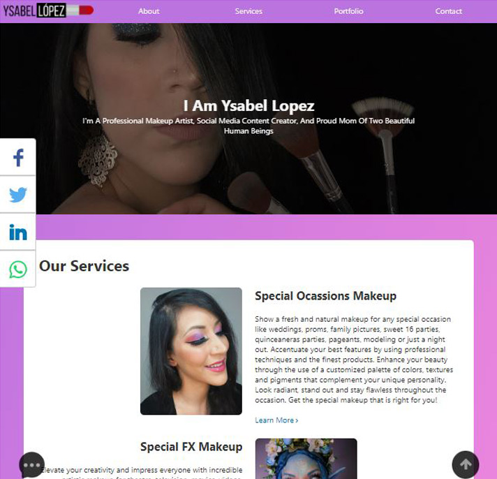 Homepage of Ysabell Lopez's professional makeup artist website featuring custom design, service highlights, and responsive layout.
